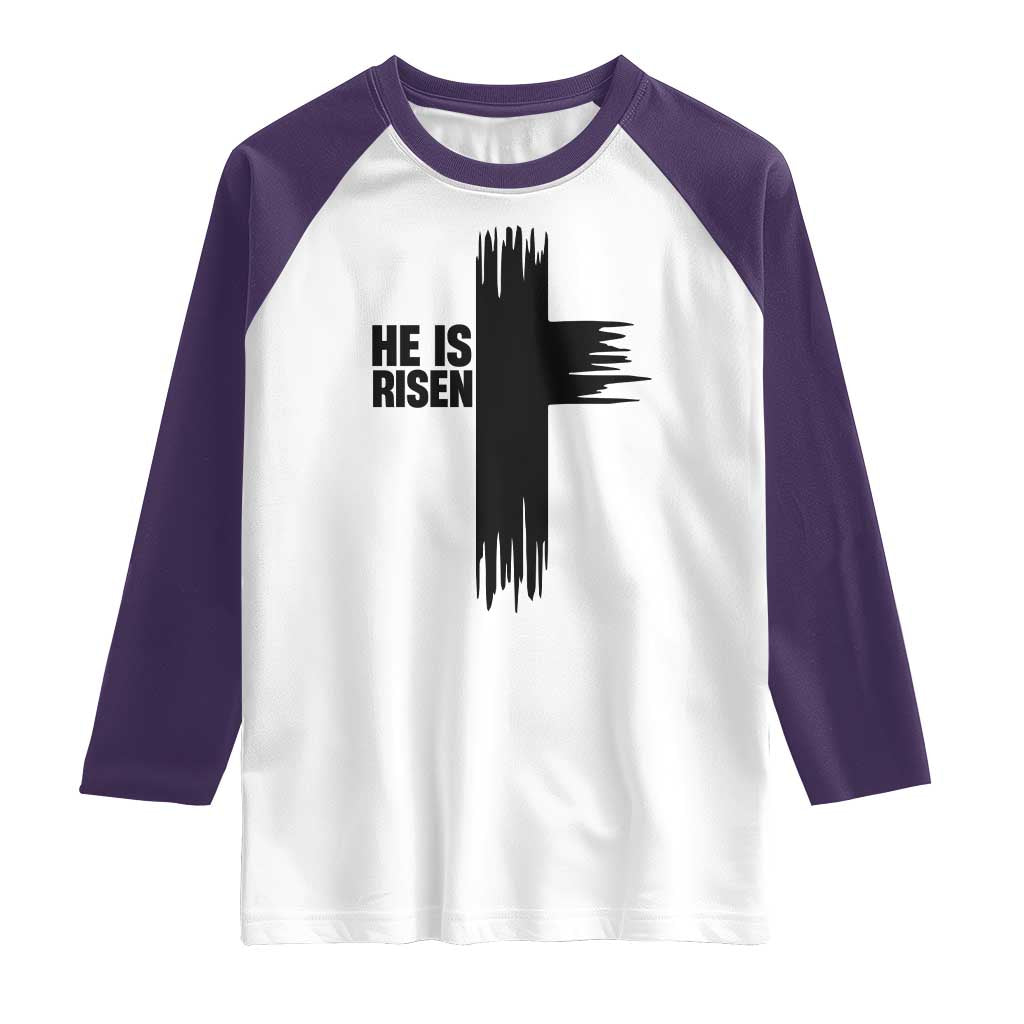 He Is Risen Raglan Shirt Christian Easter Cross TS10 White Purple Print Your Wear