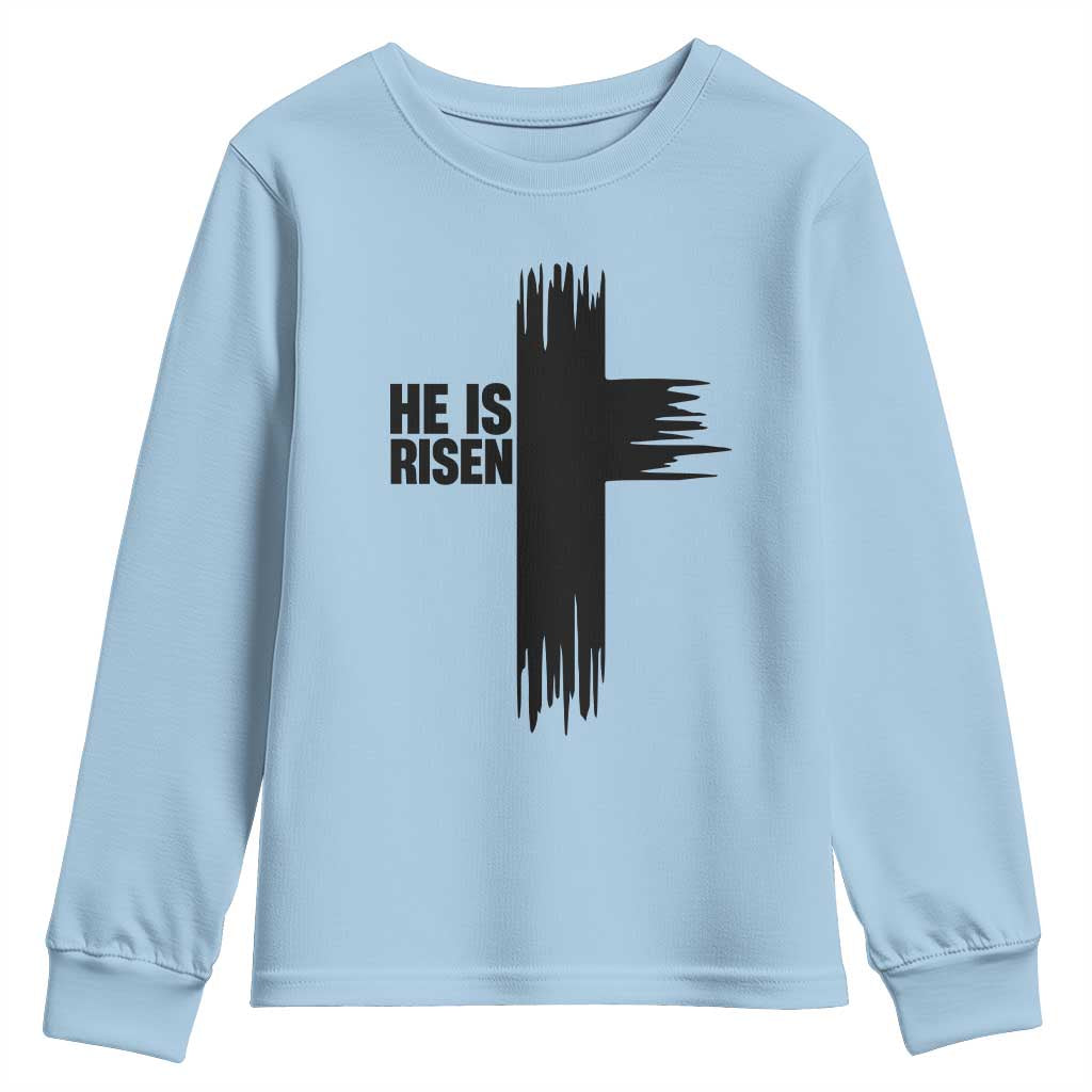 He Is Risen Youth Sweatshirt Christian Easter Cross TS10 Light Blue Print Your Wear