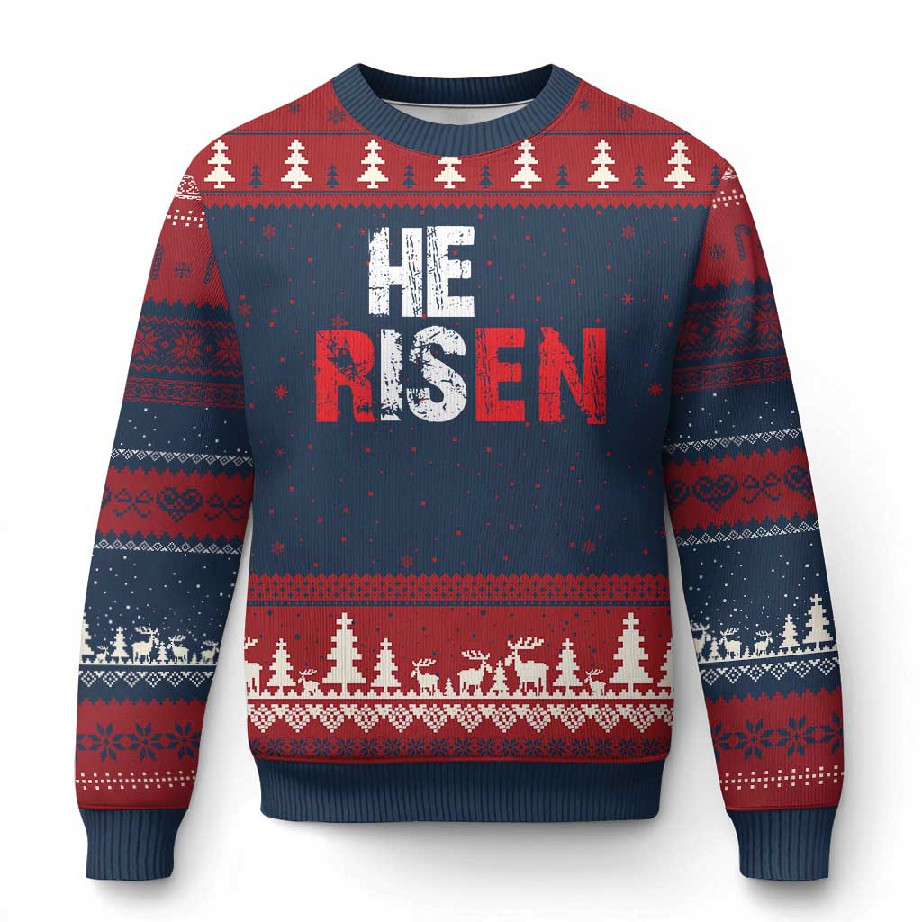 He Is Risen Ugly Christmas Sweater Vintage Christian Religious Faith TS10 Navy Red Print Your Wear