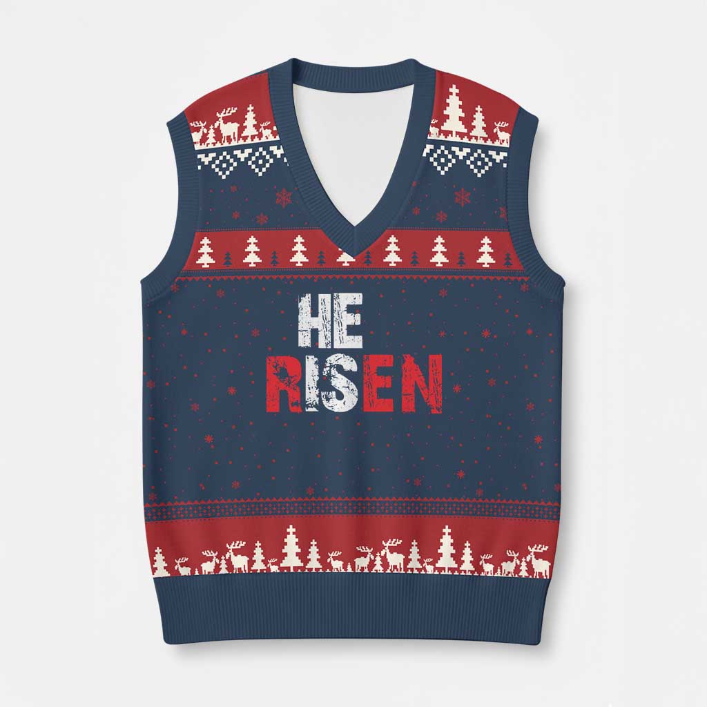 He Is Risen V-Neck Knit Sweater Vest Vintage Christian Religious Faith TS10 Navy Red Print Your Wear