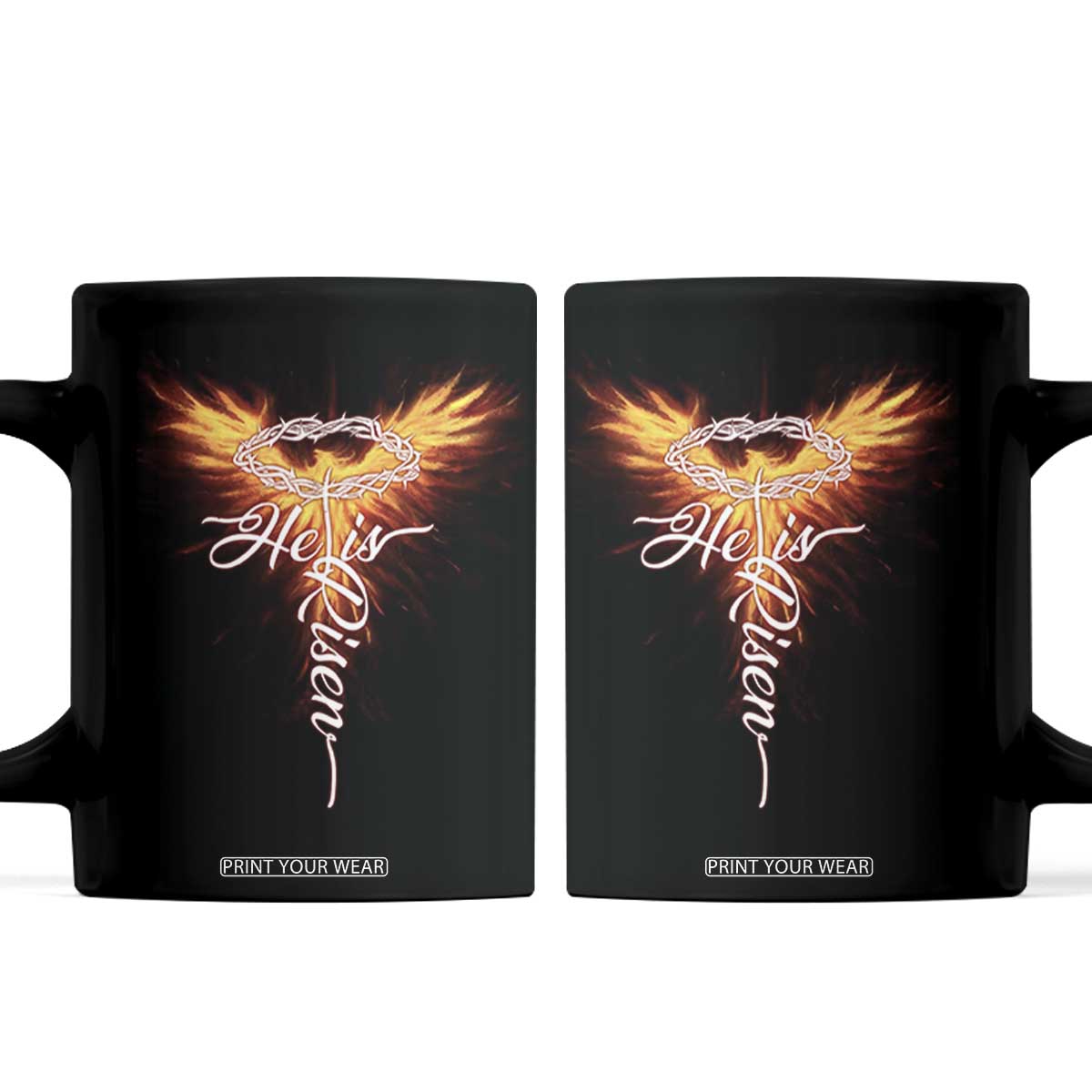He Is Risen Coffee Mug Jesus Resurrection Easter Christian Cross Phoenix Rising TS10 Black Print Your Wear