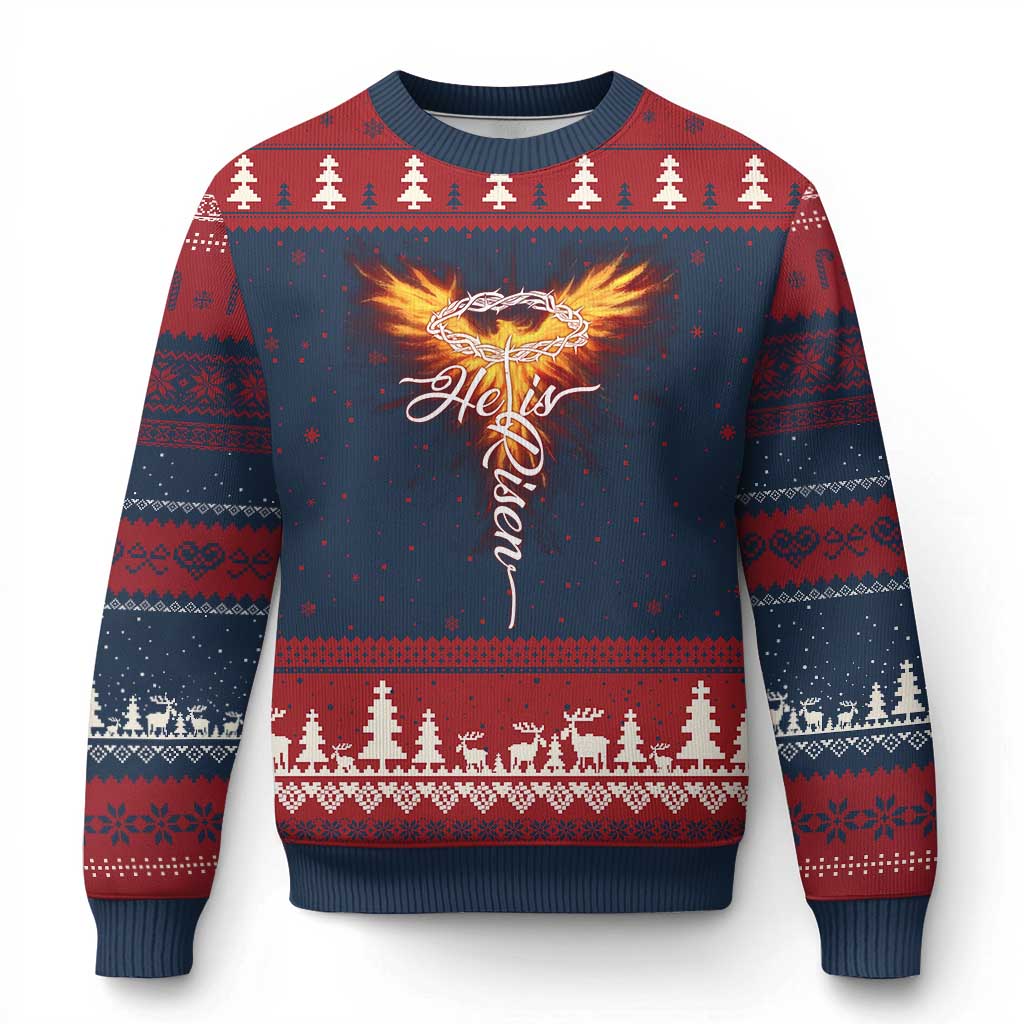He Is Risen Ugly Christmas Sweater Jesus Resurrection Easter Christian Cross Phoenix Rising TS10 Navy Red Print Your Wear
