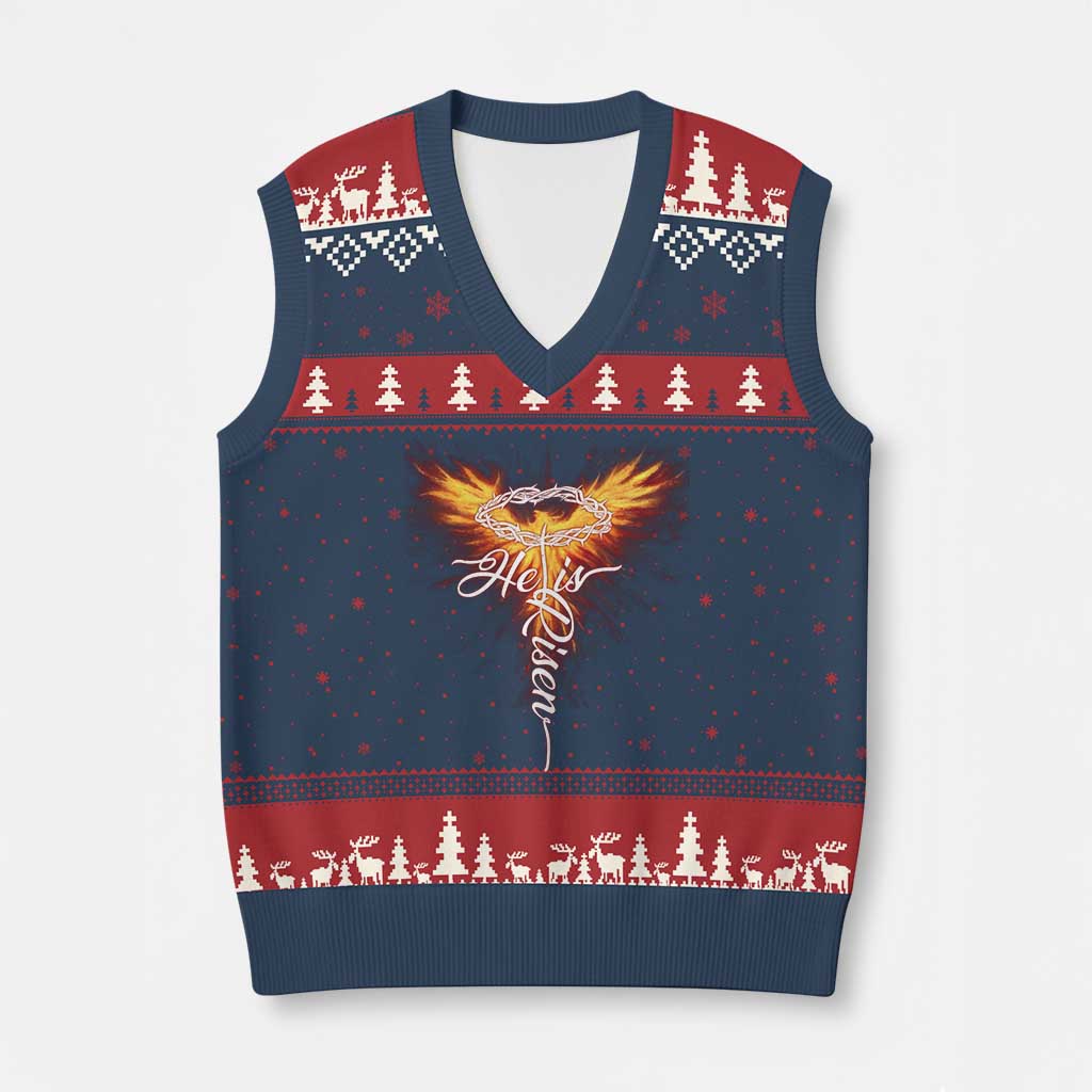 He Is Risen V-Neck Knit Sweater Vest Jesus Resurrection Easter Christian Cross Phoenix Rising TS10 Navy Red Print Your Wear