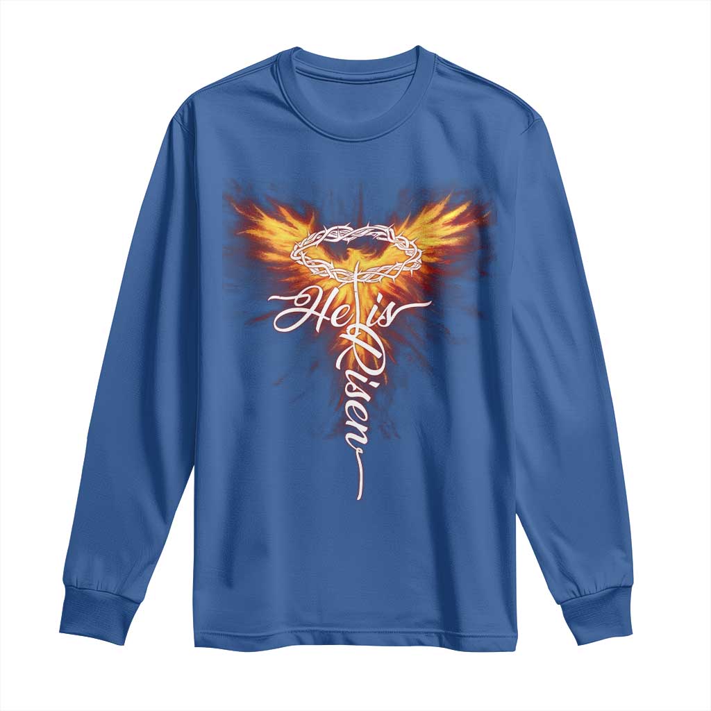 He Is Risen Long Sleeve Shirt Jesus Resurrection Easter Christian Cross Phoenix Rising TS10 Royal Blue Print Your Wear