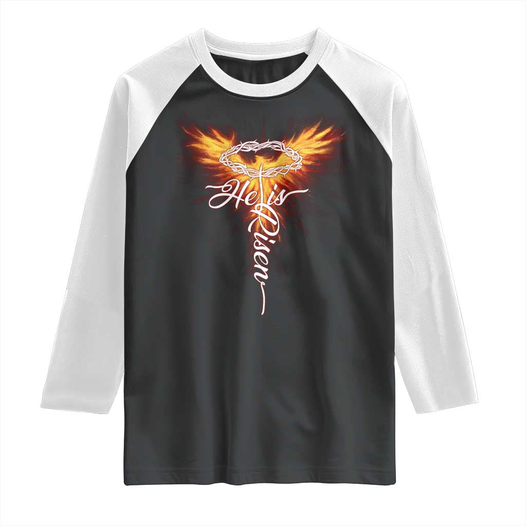 He Is Risen Raglan Shirt Jesus Resurrection Easter Christian Cross Phoenix Rising TS10 Black White Print Your Wear