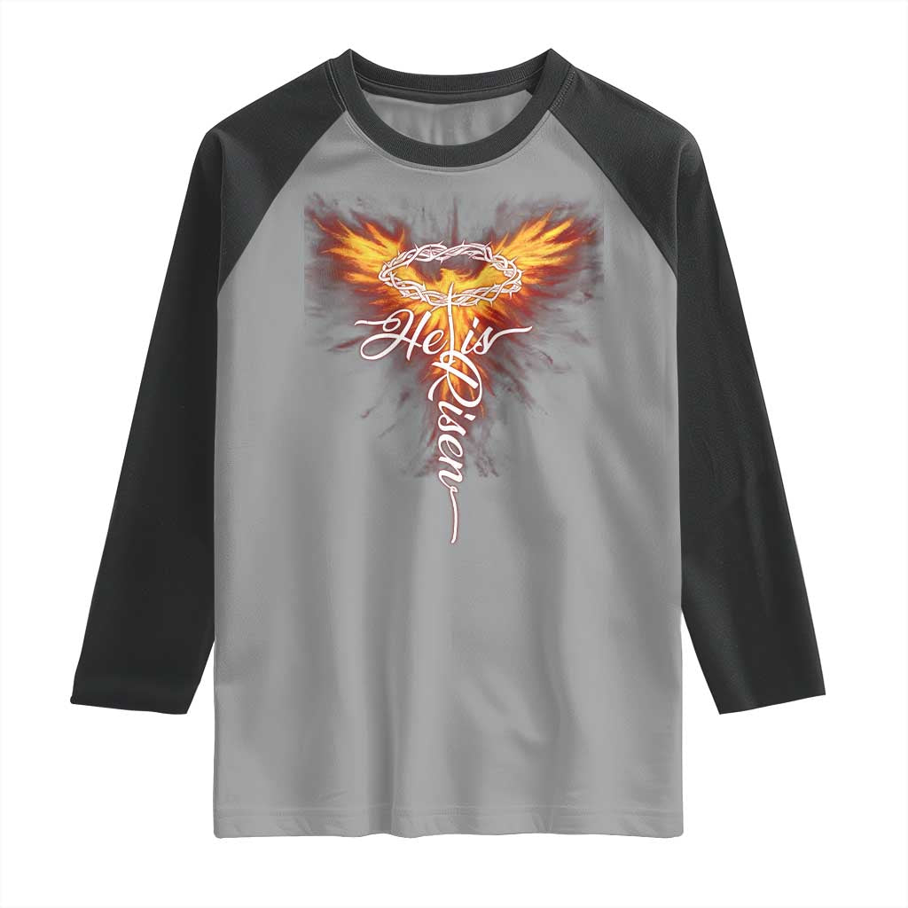 He Is Risen Raglan Shirt Jesus Resurrection Easter Christian Cross Phoenix Rising TS10 Sport Gray Black Print Your Wear