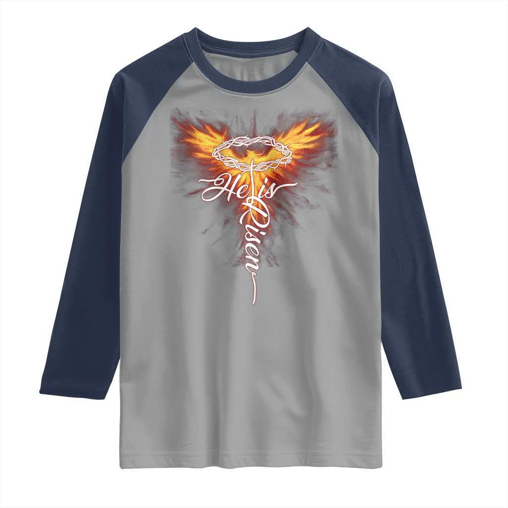 He Is Risen Raglan Shirt Jesus Resurrection Easter Christian Cross Phoenix Rising TS10 Sport Gray Navy Print Your Wear