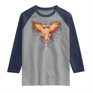 He Is Risen Raglan Shirt Jesus Resurrection Easter Christian Cross Phoenix Rising TS10 Sport Gray Navy Print Your Wear