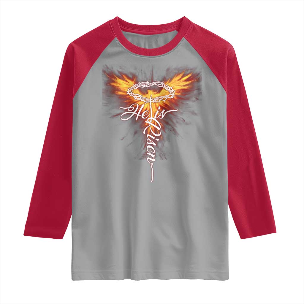 He Is Risen Raglan Shirt Jesus Resurrection Easter Christian Cross Phoenix Rising TS10 Sport Gray Red Print Your Wear