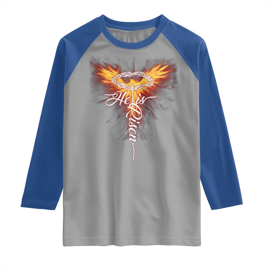 He Is Risen Raglan Shirt Jesus Resurrection Easter Christian Cross Phoenix Rising TS10 Sport Gray Royal Print Your Wear