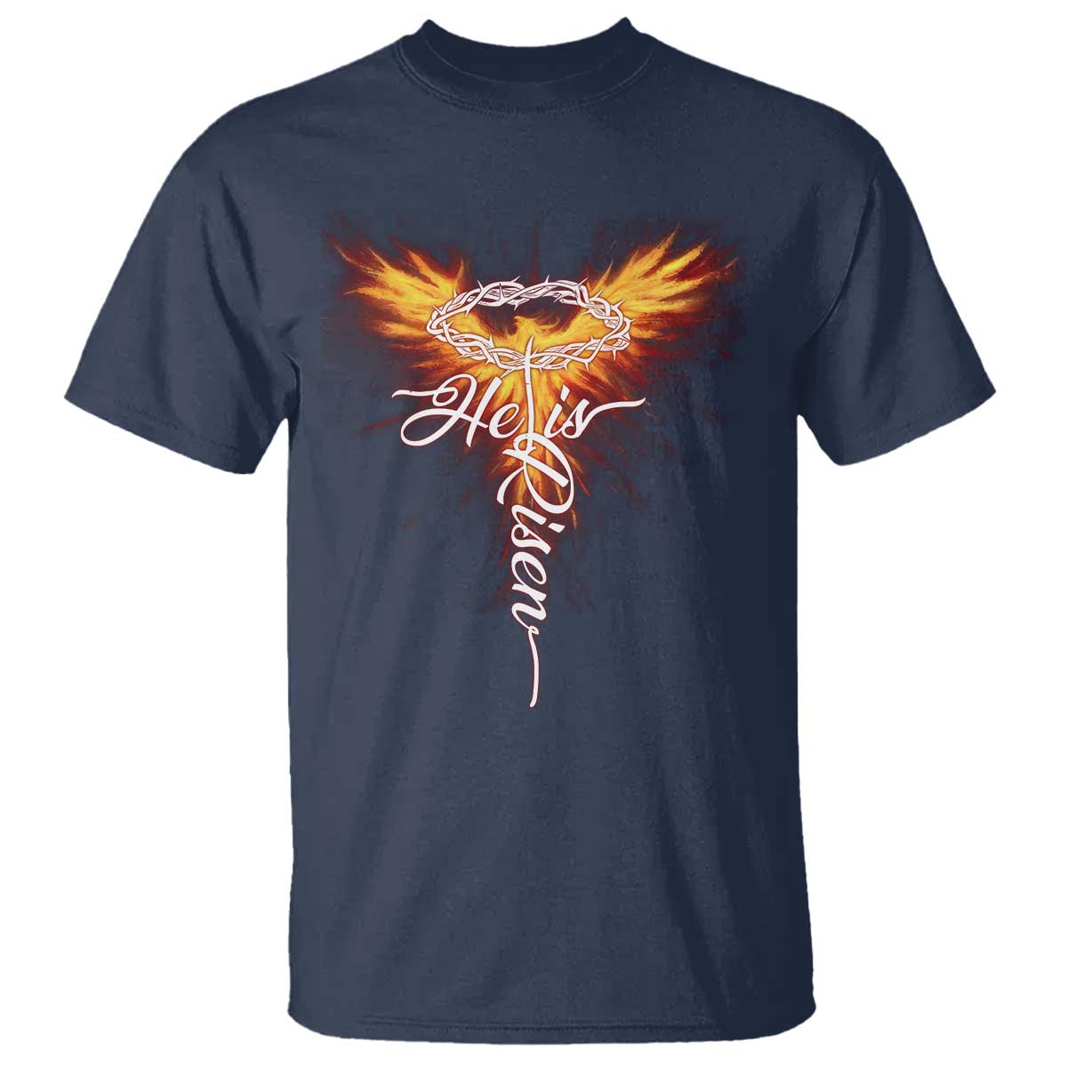 He Is Risen T Shirt Jesus Resurrection Easter Christian Cross Phoenix Rising TS10 Navy Print Your Wear