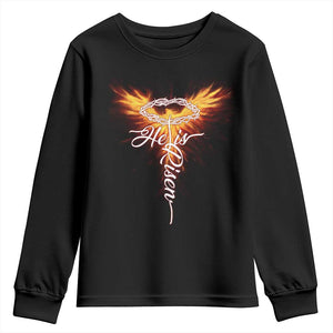 He Is Risen Youth Sweatshirt Jesus Resurrection Easter Christian Cross Phoenix Rising TS10 Black Print Your Wear