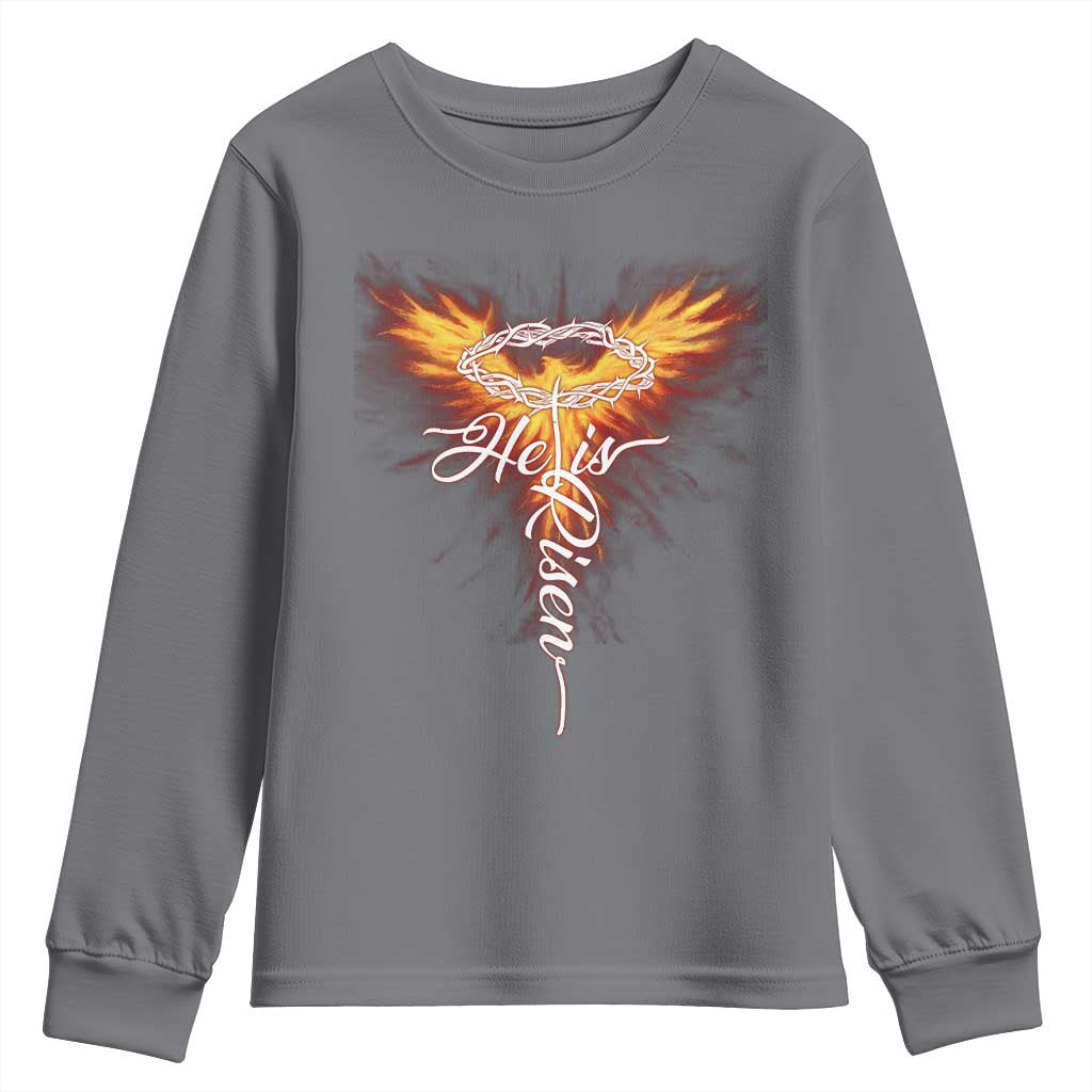 He Is Risen Youth Sweatshirt Jesus Resurrection Easter Christian Cross Phoenix Rising TS10 Charcoal Print Your Wear
