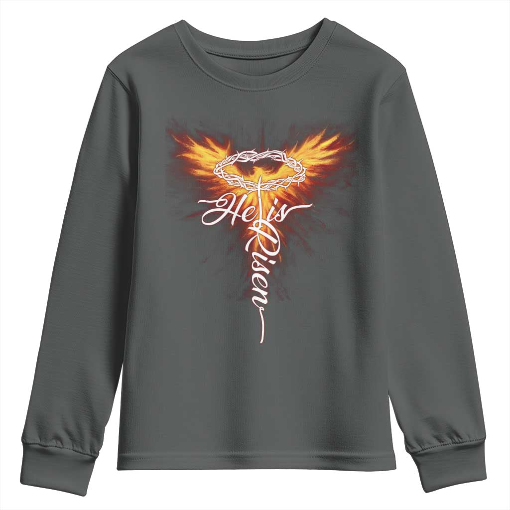 He Is Risen Youth Sweatshirt Jesus Resurrection Easter Christian Cross Phoenix Rising TS10 Dark Heather Print Your Wear