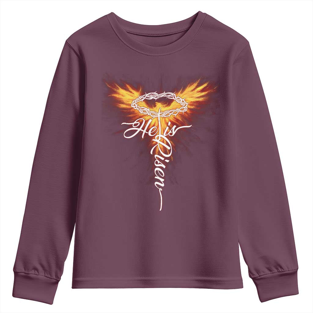 He Is Risen Youth Sweatshirt Jesus Resurrection Easter Christian Cross Phoenix Rising TS10 Maroon Print Your Wear