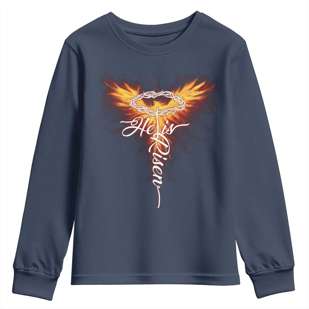 He Is Risen Youth Sweatshirt Jesus Resurrection Easter Christian Cross Phoenix Rising TS10 Navy Print Your Wear