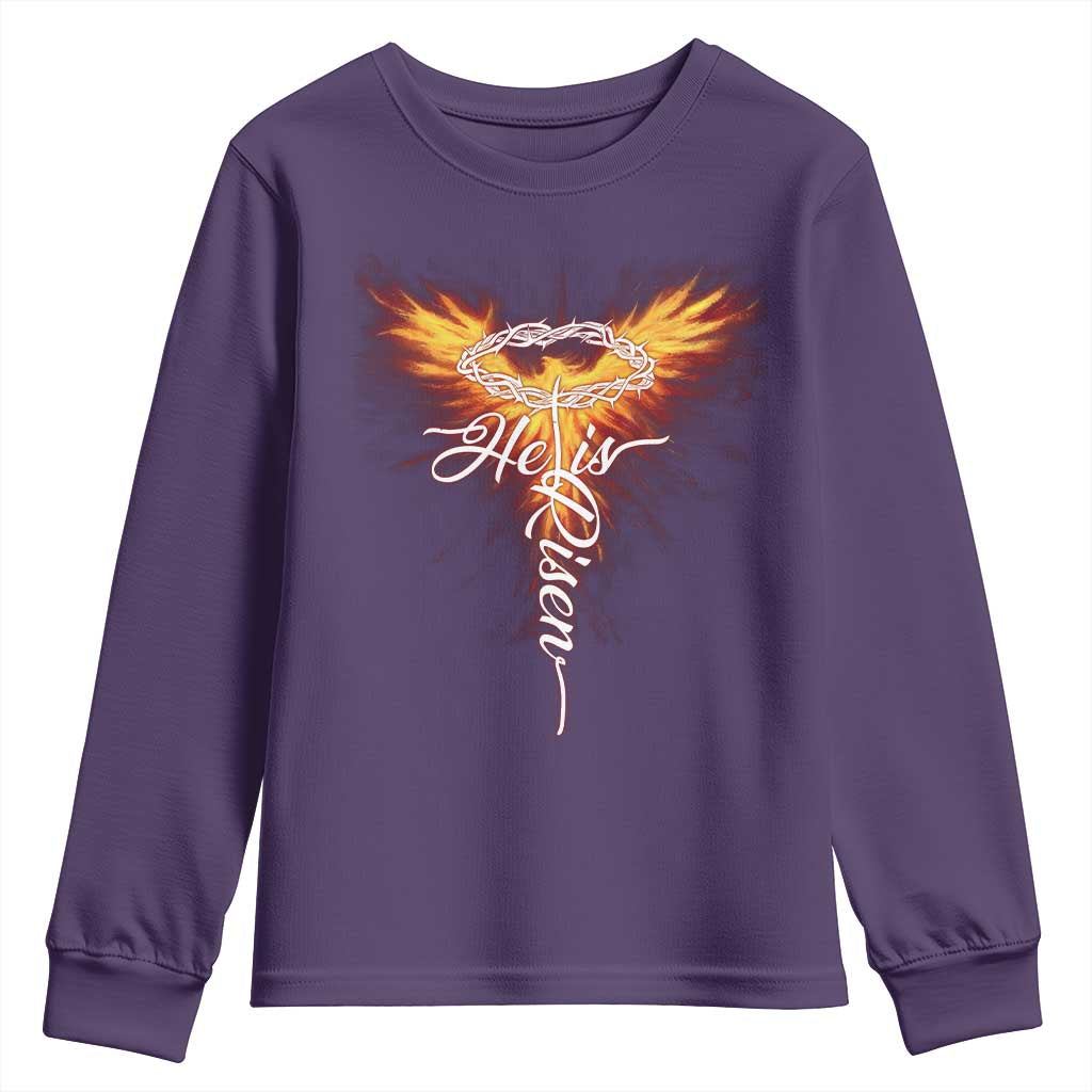 He Is Risen Youth Sweatshirt Jesus Resurrection Easter Christian Cross Phoenix Rising TS10 Purple Print Your Wear