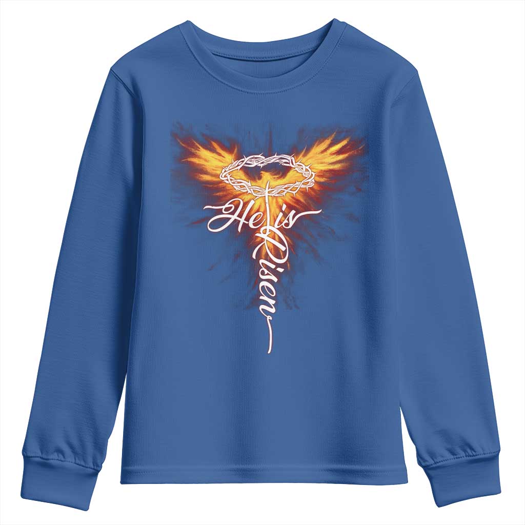 He Is Risen Youth Sweatshirt Jesus Resurrection Easter Christian Cross Phoenix Rising TS10 Royal Blue Print Your Wear