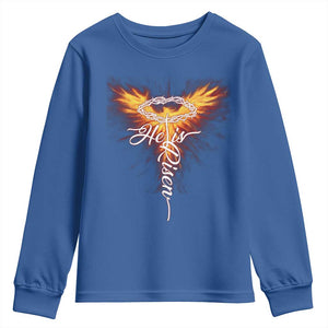 He Is Risen Youth Sweatshirt Jesus Resurrection Easter Christian Cross Phoenix Rising TS10 Royal Blue Print Your Wear