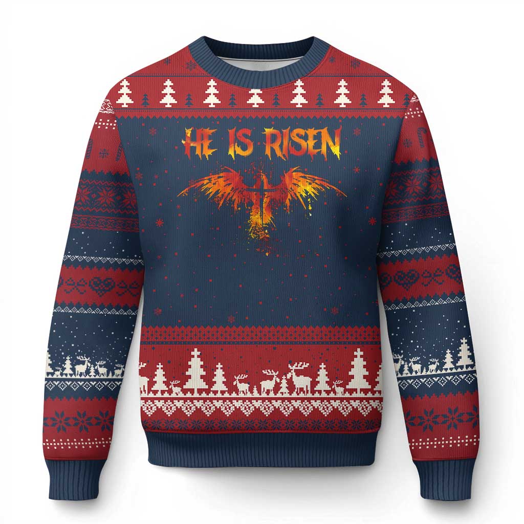 He Is Risen Ugly Christmas Sweater Phoenix Christian Jesus Resurrection Cross TS10 Navy Red Print Your Wear