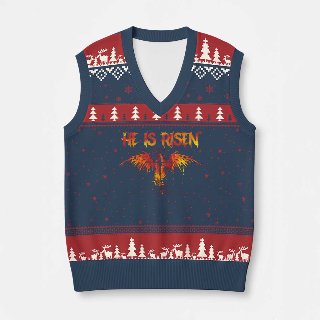 He Is Risen V-Neck Knit Sweater Vest Phoenix Christian Jesus Resurrection Cross TS10 Navy Red Print Your Wear