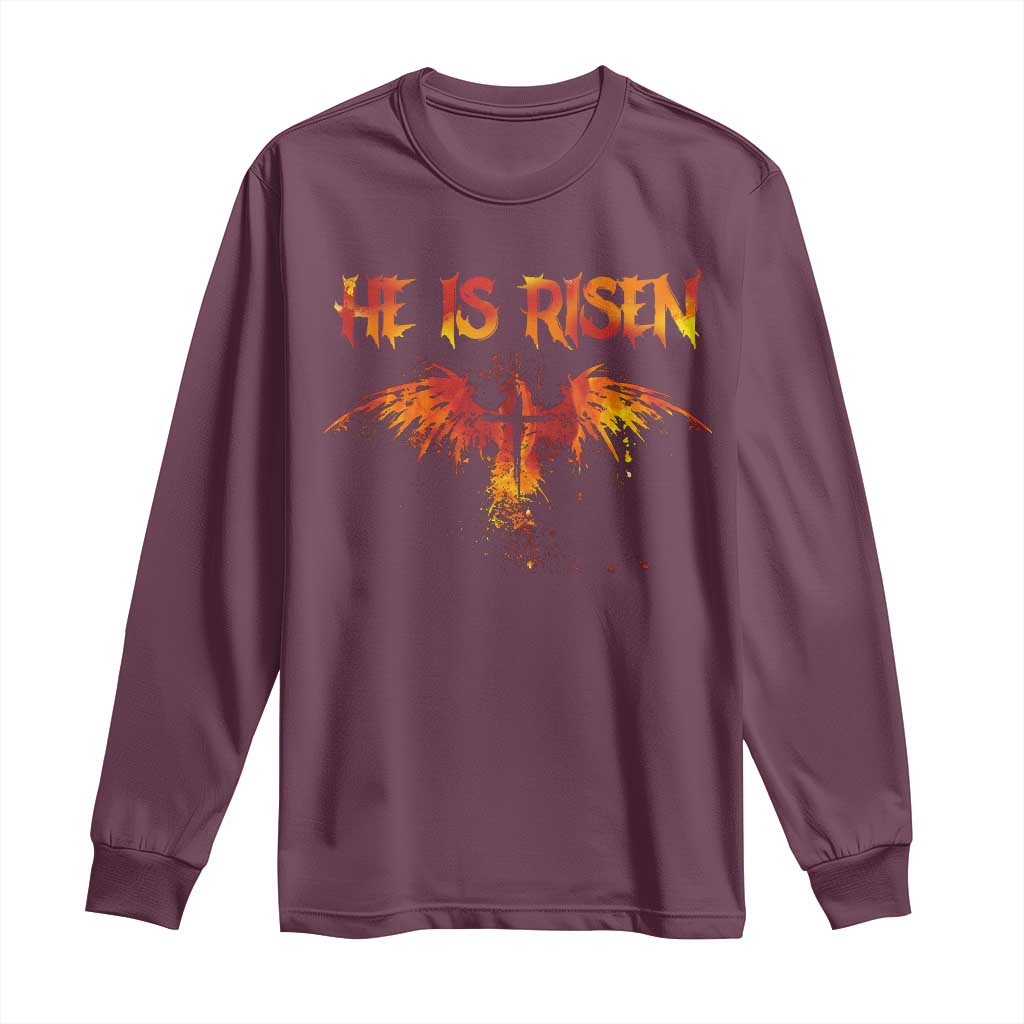 He Is Risen Long Sleeve Shirt Phoenix Christian Jesus Resurrection Cross TS10 Maroon Print Your Wear