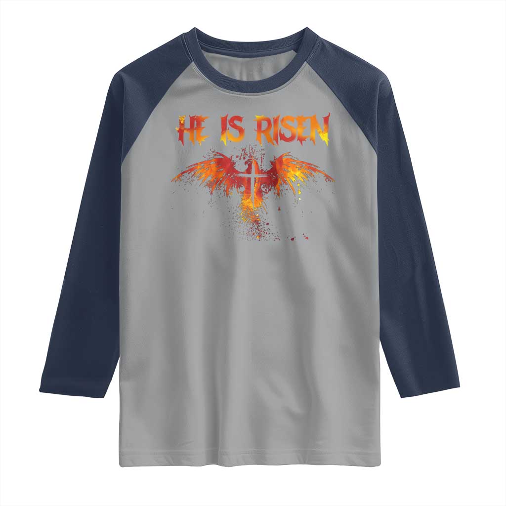 He Is Risen Raglan Shirt Phoenix Christian Jesus Resurrection Cross TS10 Sport Gray Navy Print Your Wear