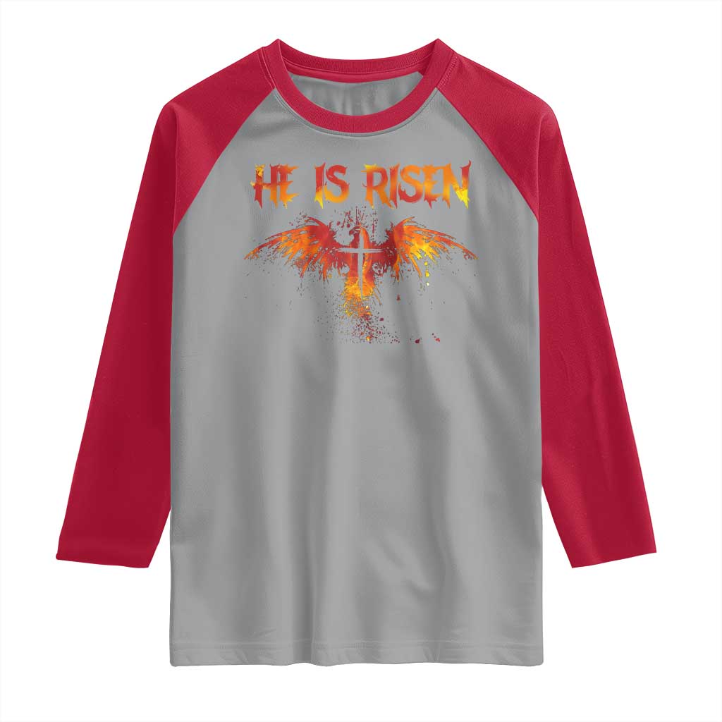 He Is Risen Raglan Shirt Phoenix Christian Jesus Resurrection Cross TS10 Sport Gray Red Print Your Wear