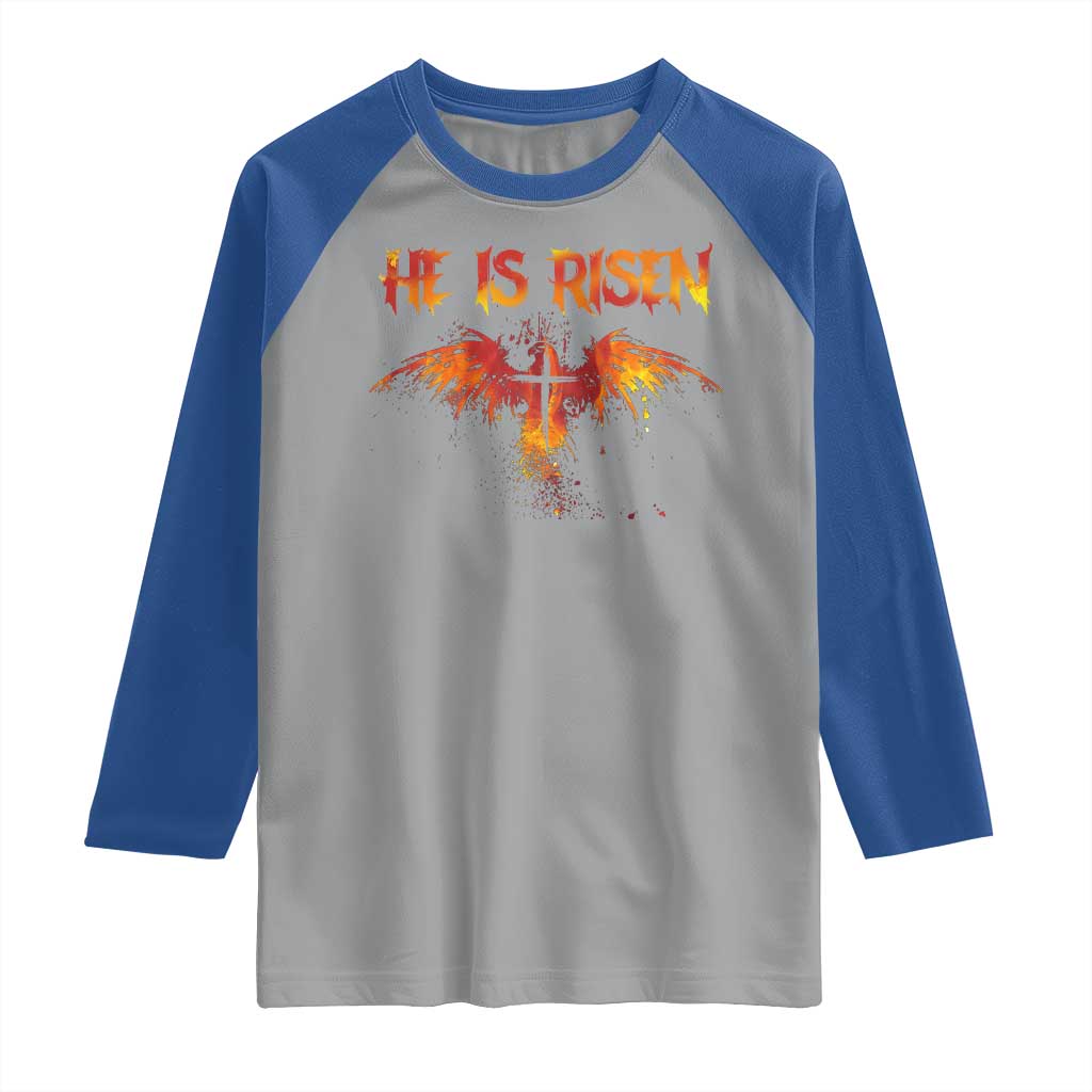 He Is Risen Raglan Shirt Phoenix Christian Jesus Resurrection Cross TS10 Sport Gray Royal Print Your Wear