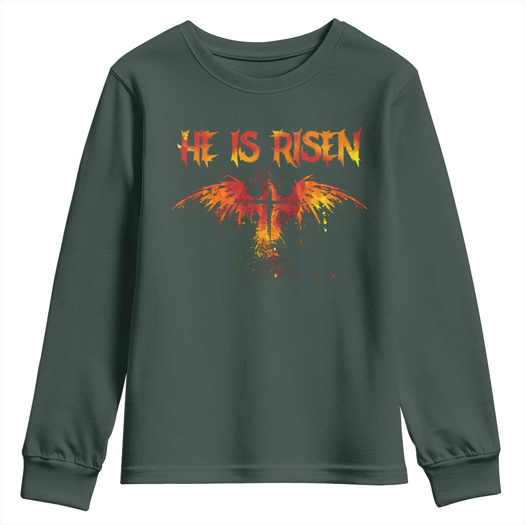 He Is Risen Youth Sweatshirt Phoenix Christian Jesus Resurrection Cross TS10 Dark Forest Green Print Your Wear