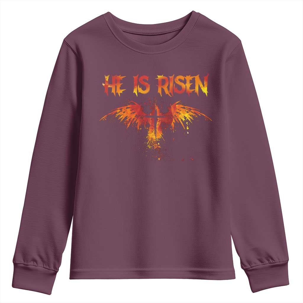 He Is Risen Youth Sweatshirt Phoenix Christian Jesus Resurrection Cross TS10 Maroon Print Your Wear