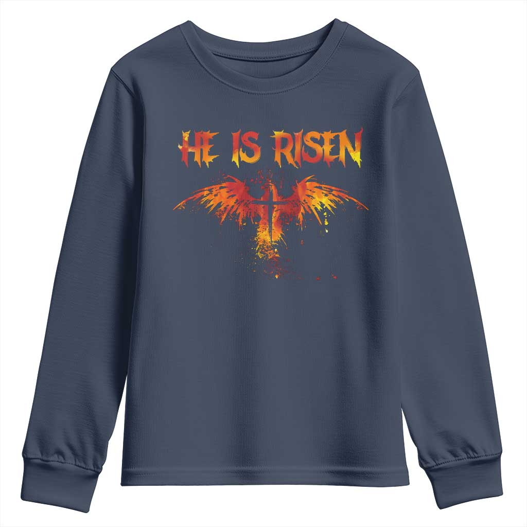He Is Risen Youth Sweatshirt Phoenix Christian Jesus Resurrection Cross TS10 Navy Print Your Wear