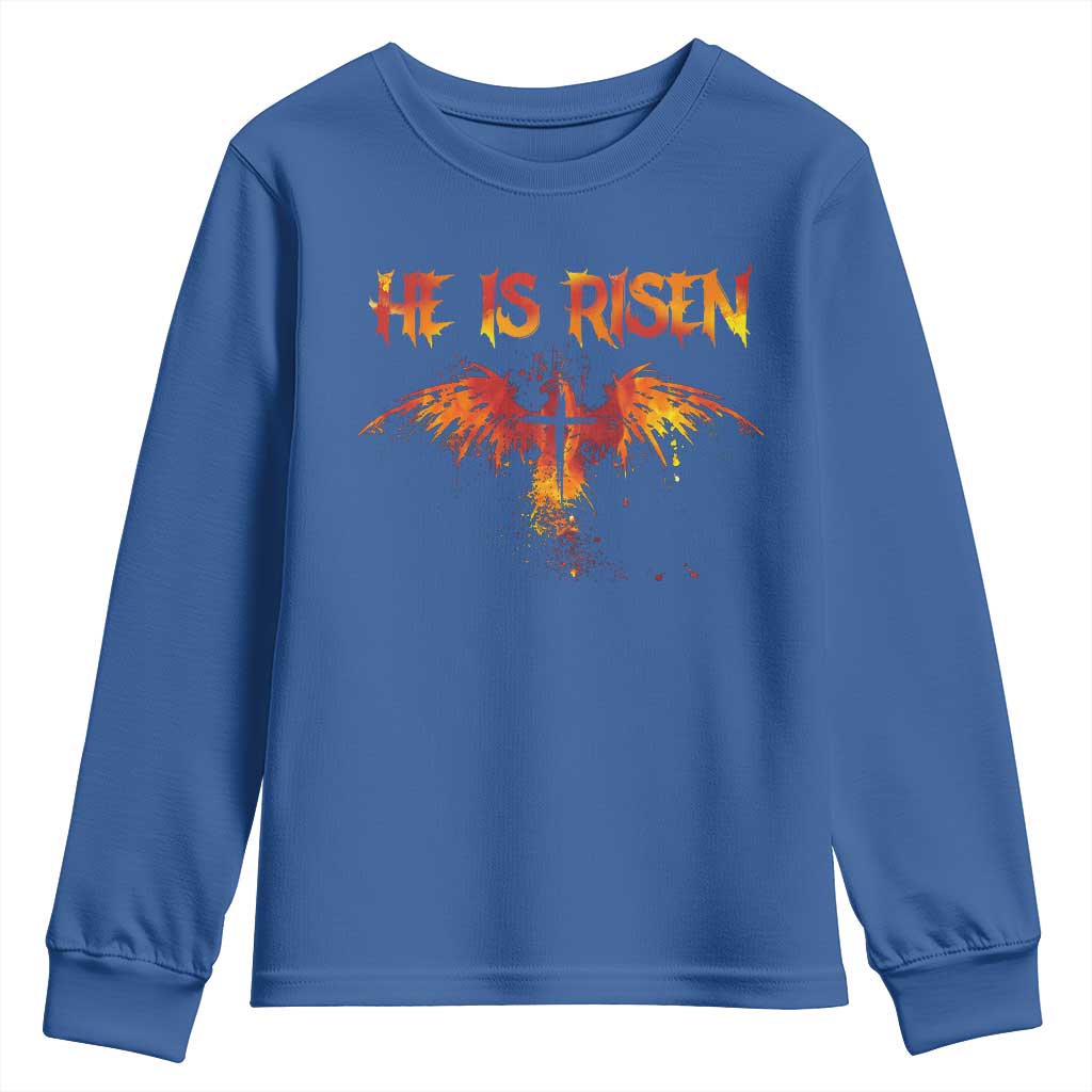 He Is Risen Youth Sweatshirt Phoenix Christian Jesus Resurrection Cross TS10 Royal Blue Print Your Wear