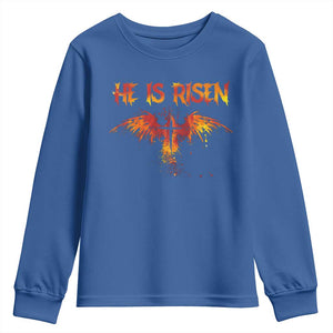 He Is Risen Youth Sweatshirt Phoenix Christian Jesus Resurrection Cross TS10 Royal Blue Print Your Wear
