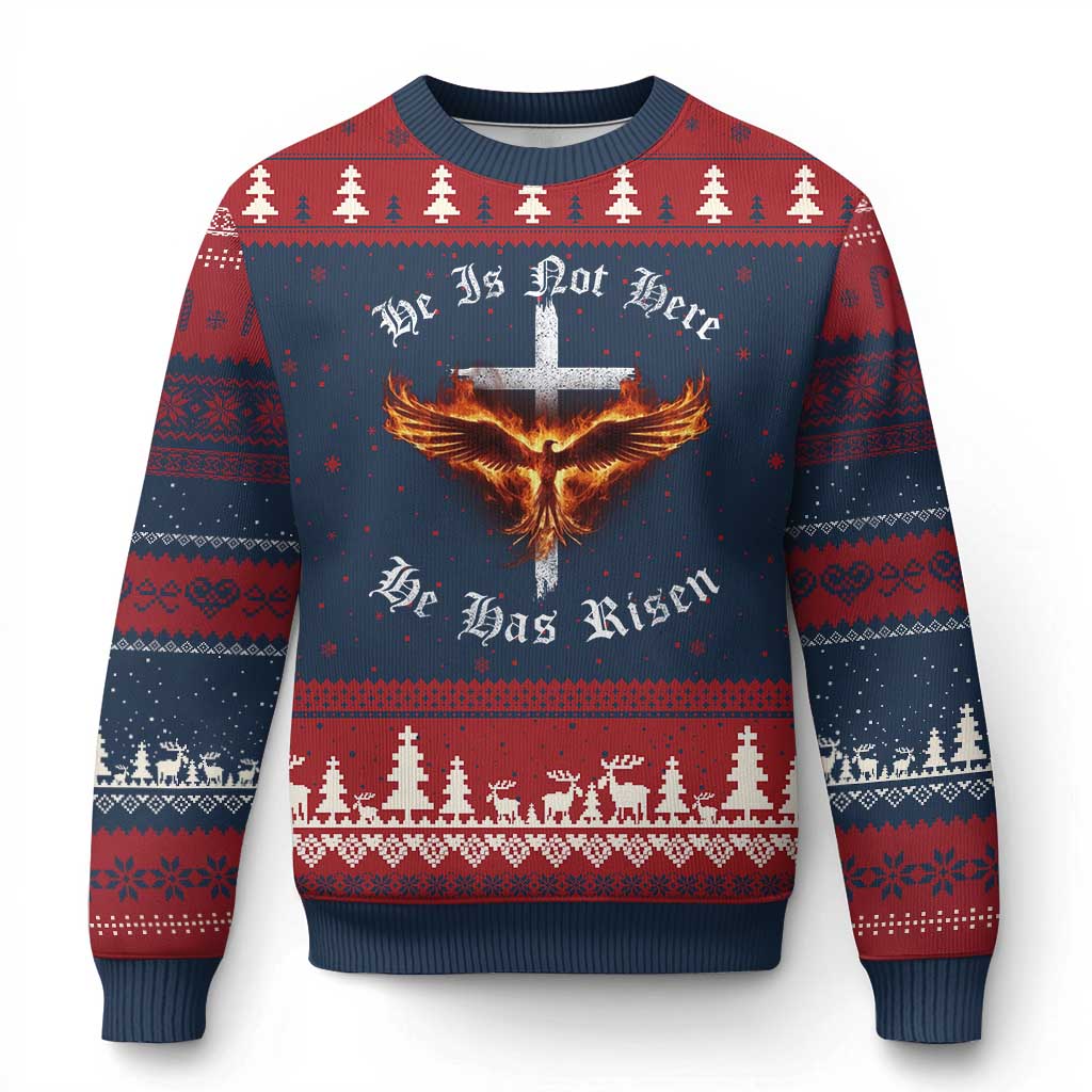 Easter Jesus Has Risen Ugly Christmas Sweater Christian Religious Phoenix Resurrection Cross TS10 Navy Red Print Your Wear