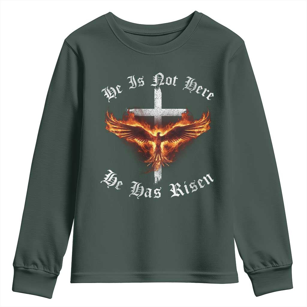 Easter Jesus Has Risen Youth Sweatshirt Christian Religious Phoenix Resurrection Cross TS10 Dark Forest Green Print Your Wear