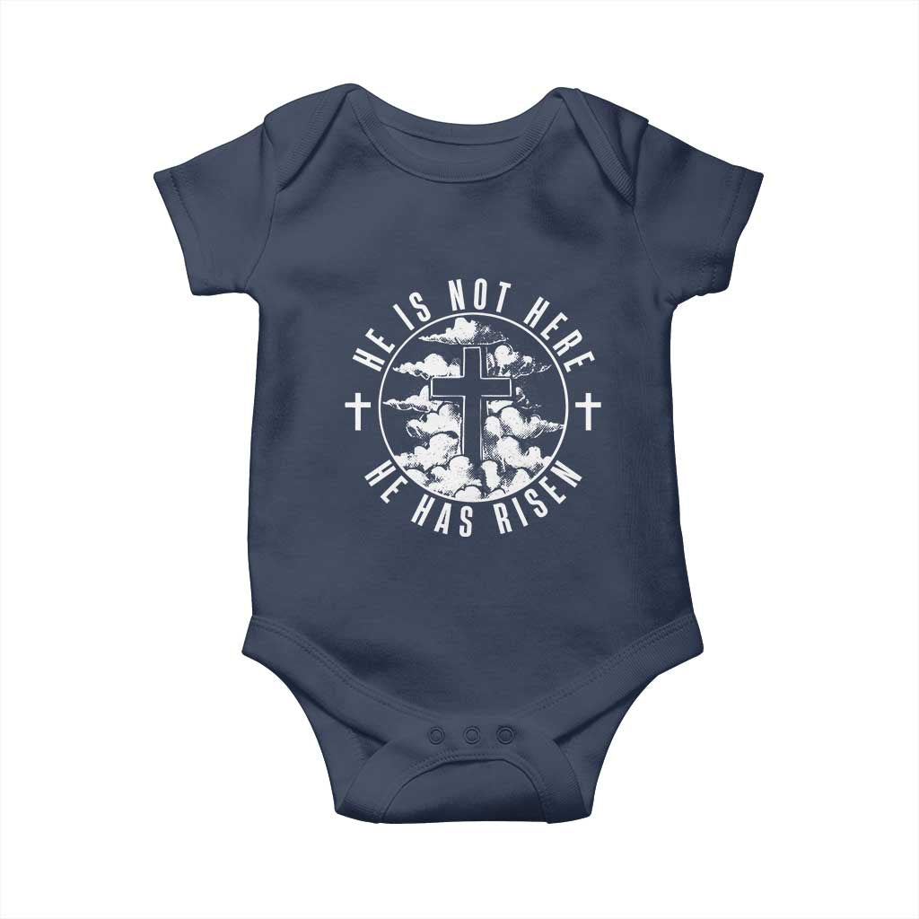 Easter Jesus Has Risen Baby Onesie Christian Bible Verse Graphic Cross 90s Style TS10 Navy Print Your Wear