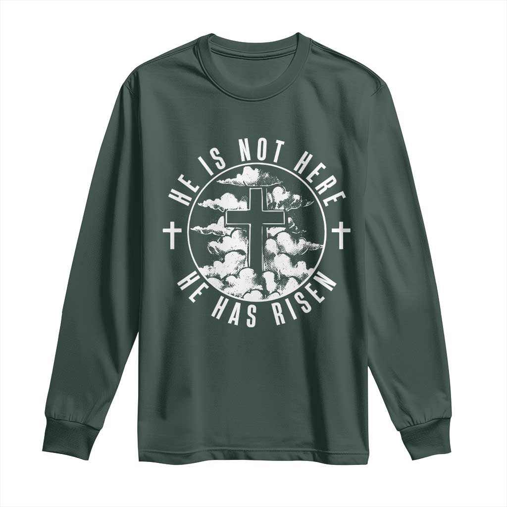 Easter Jesus Has Risen Long Sleeve Shirt Christian Bible Verse Graphic Cross 90s Style TS10 Dark Forest Green Print Your Wear