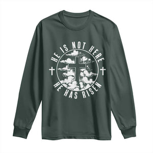 Easter Jesus Has Risen Long Sleeve Shirt Christian Bible Verse Graphic Cross 90s Style TS10 Dark Forest Green Print Your Wear