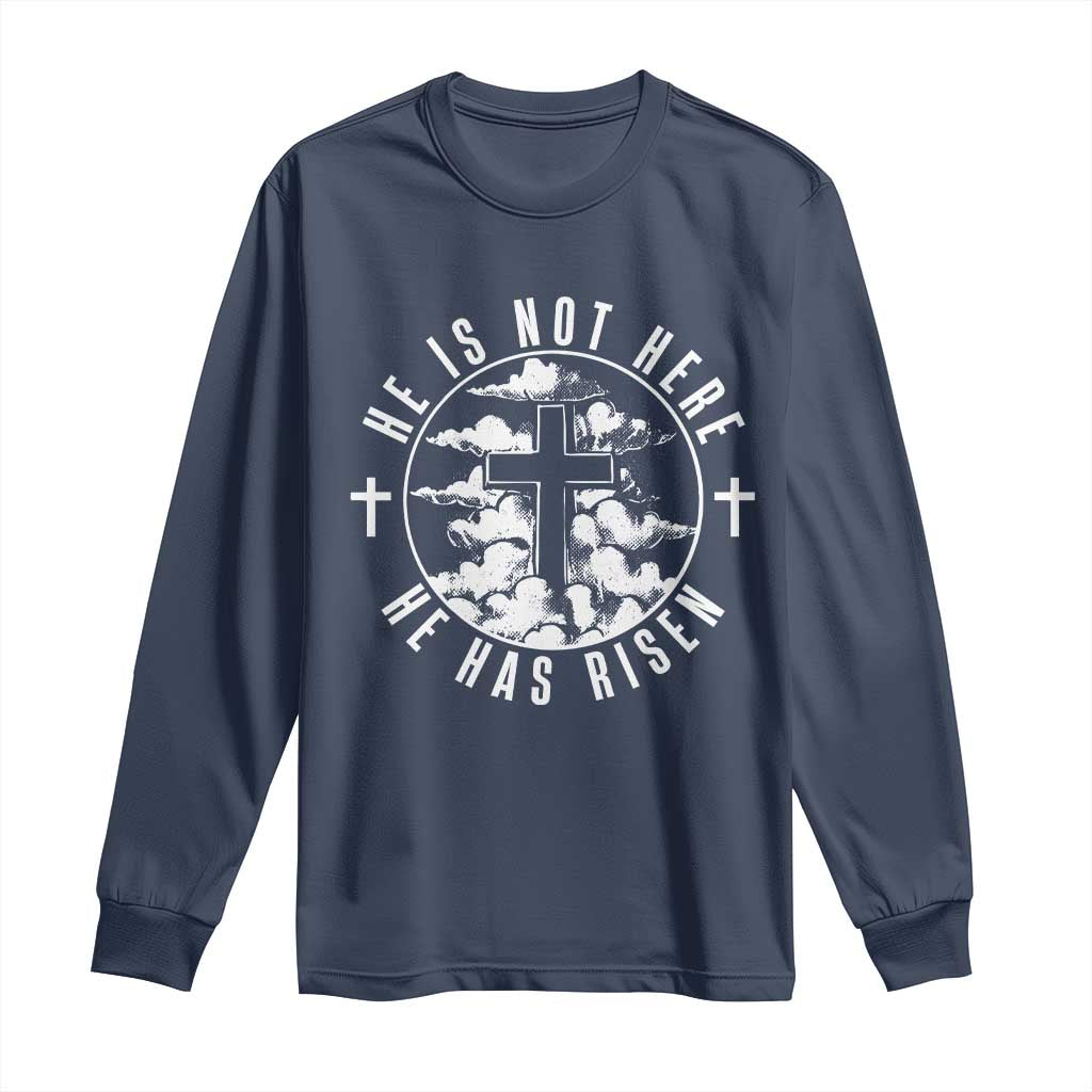 Easter Jesus Has Risen Long Sleeve Shirt Christian Bible Verse Graphic Cross 90s Style TS10 Navy Print Your Wear