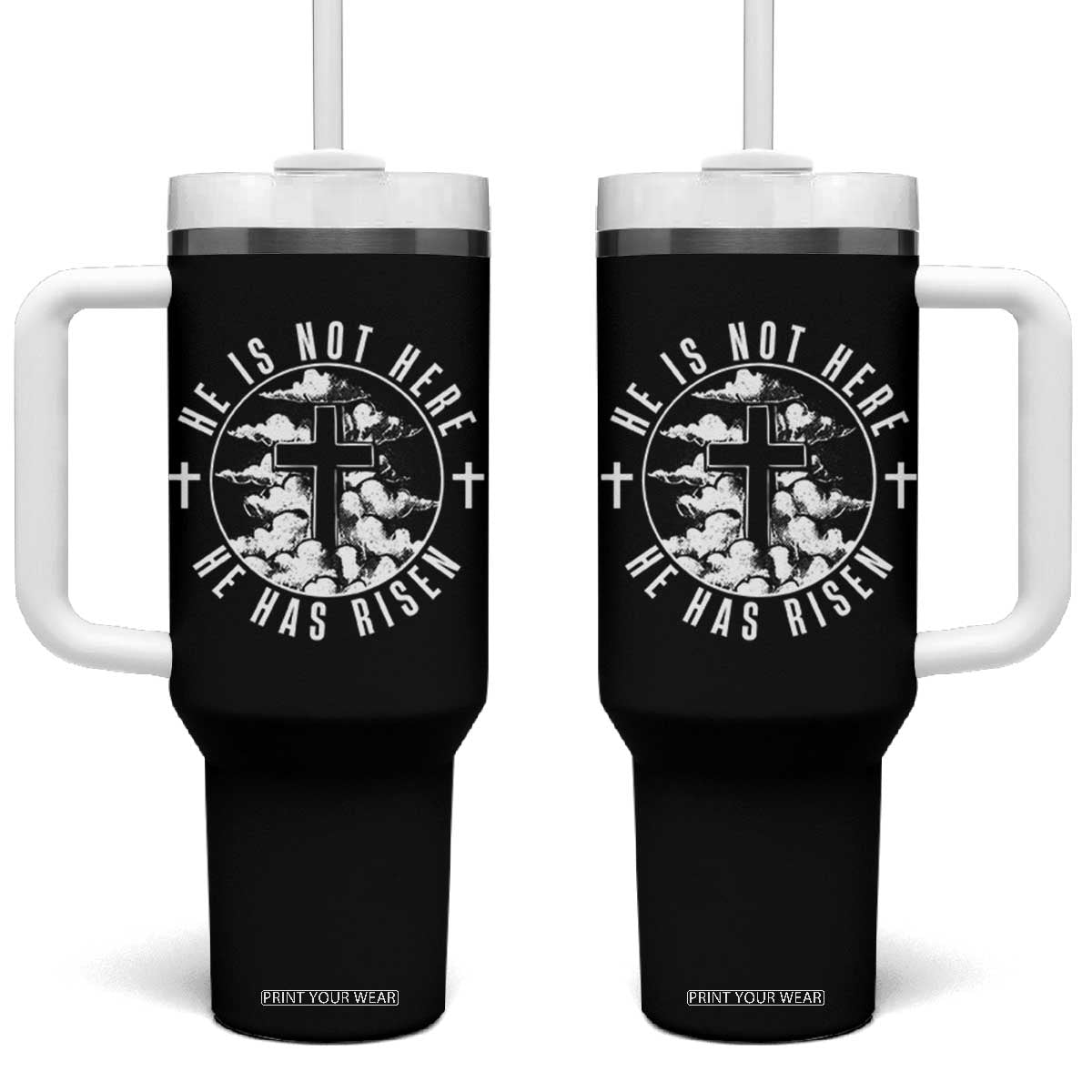 Easter Jesus Has Risen Tumbler With Handle Christian Bible Verse Graphic Cross 90s Style TS10 One Size: 40 oz Black Print Your Wear