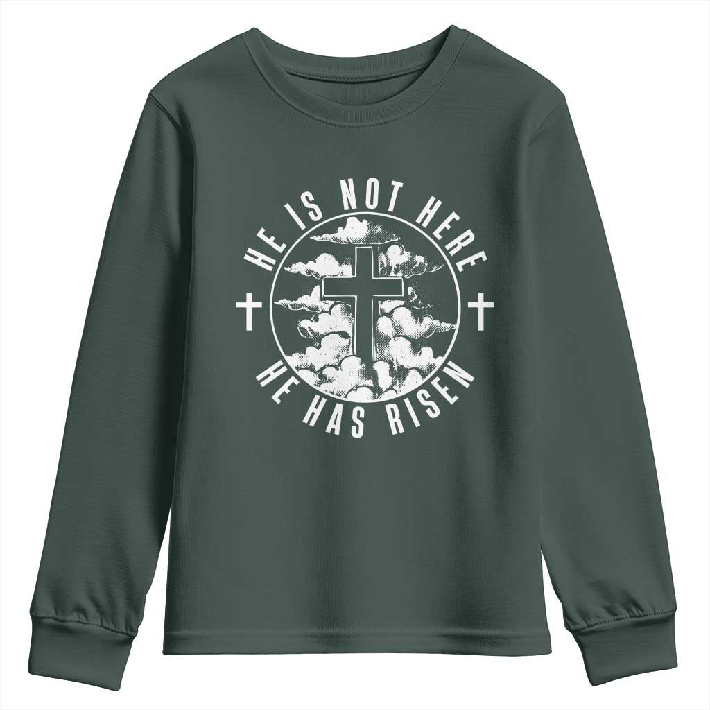 Easter Jesus Has Risen Youth Sweatshirt Christian Bible Verse Graphic Cross 90s Style TS10 Dark Forest Green Print Your Wear