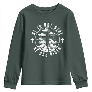 Easter Jesus Has Risen Youth Sweatshirt Christian Bible Verse Graphic Cross 90s Style TS10 Dark Forest Green Print Your Wear