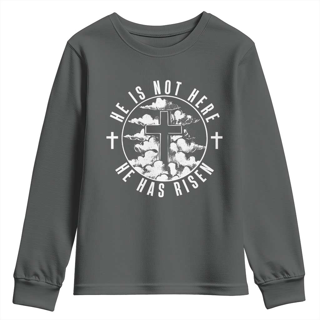 Easter Jesus Has Risen Youth Sweatshirt Christian Bible Verse Graphic Cross 90s Style TS10 Dark Heather Print Your Wear