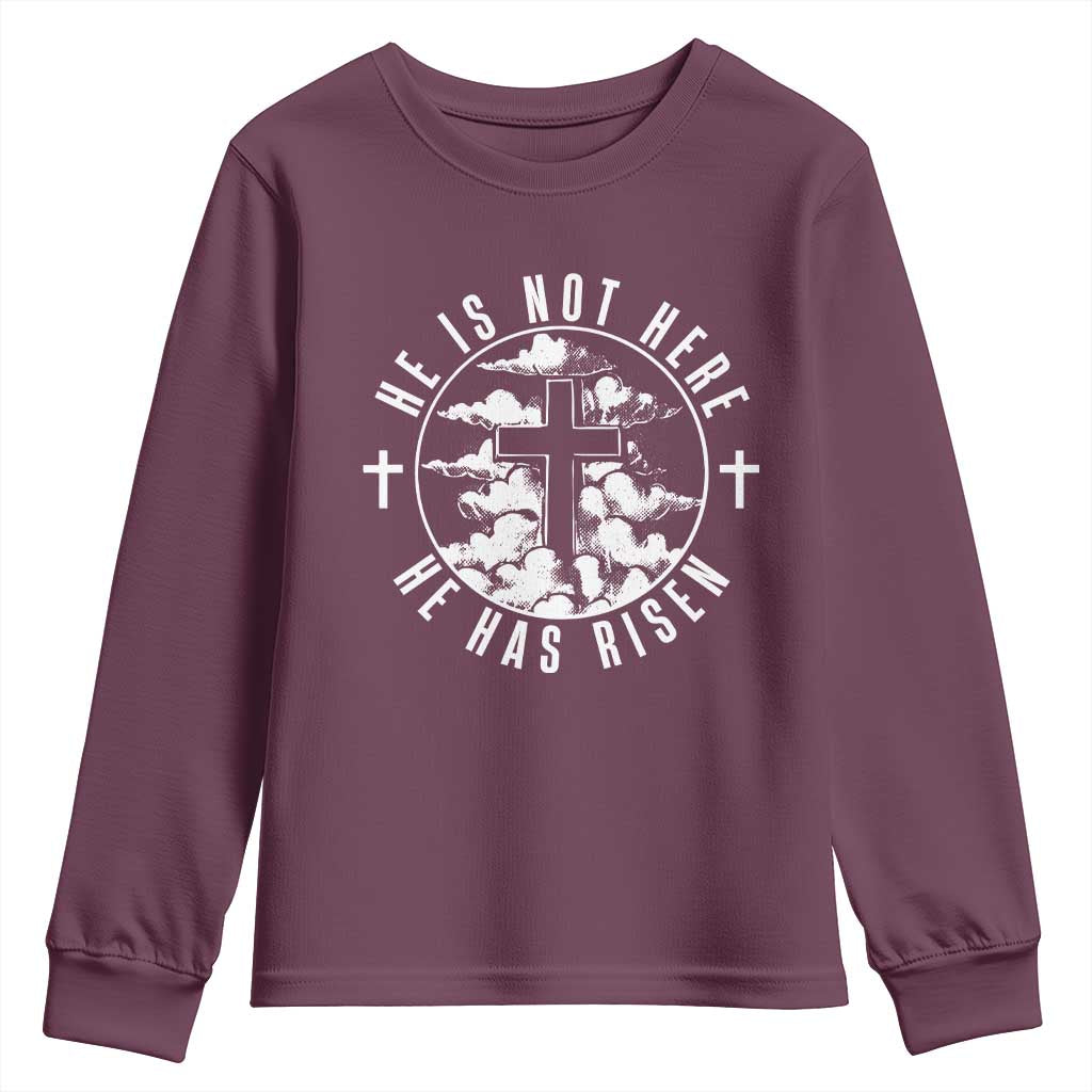 Easter Jesus Has Risen Youth Sweatshirt Christian Bible Verse Graphic Cross 90s Style TS10 Maroon Print Your Wear