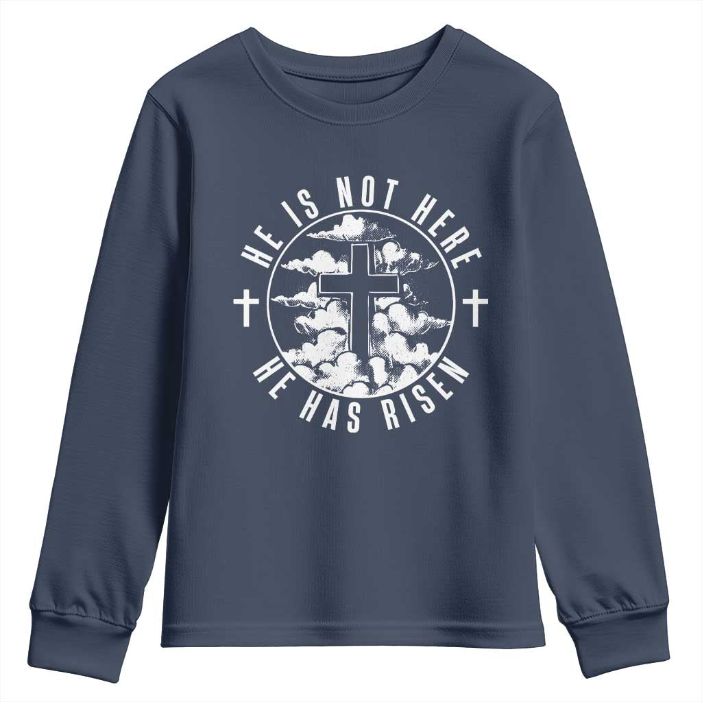 Easter Jesus Has Risen Youth Sweatshirt Christian Bible Verse Graphic Cross 90s Style TS10 Navy Print Your Wear
