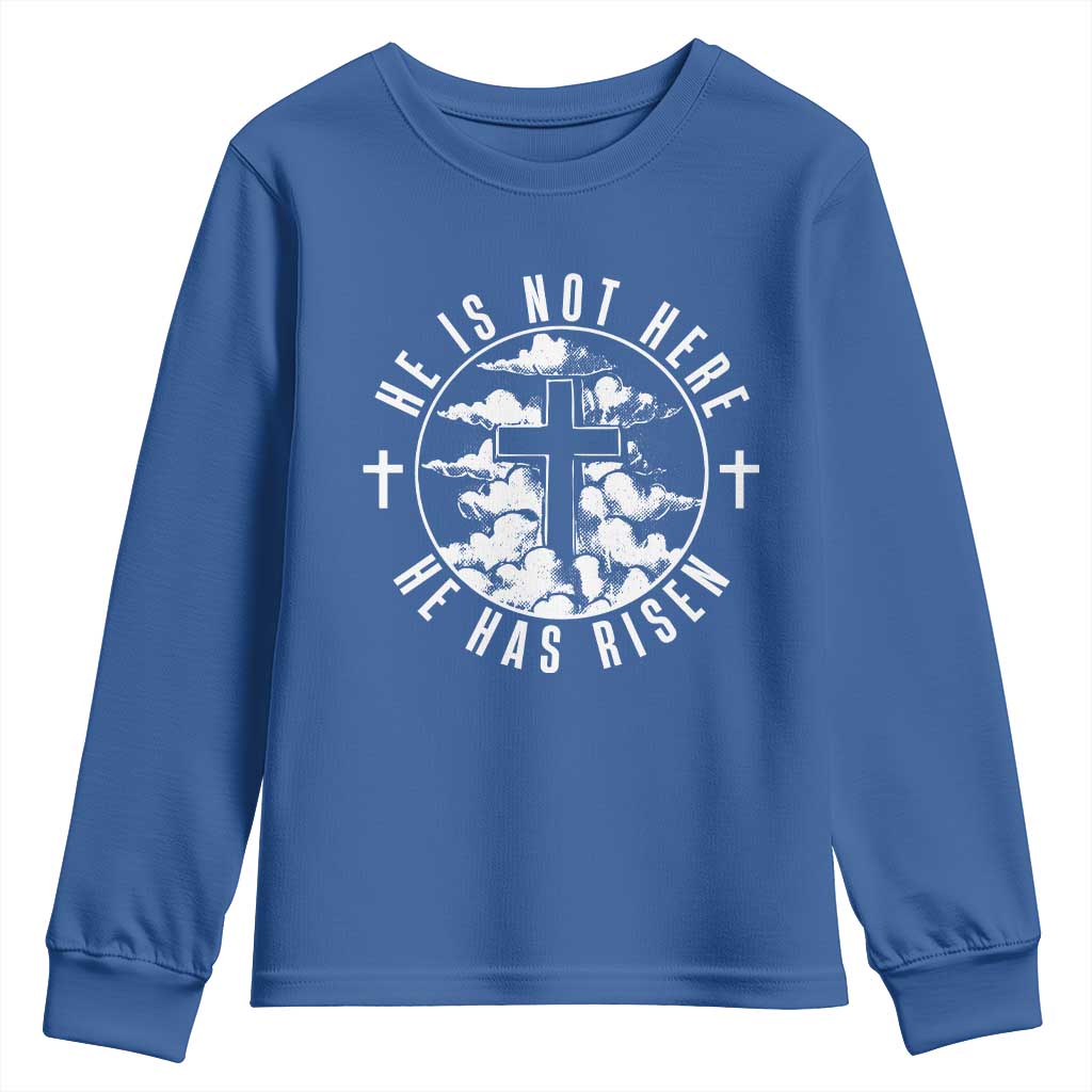Easter Jesus Has Risen Youth Sweatshirt Christian Bible Verse Graphic Cross 90s Style TS10 Royal Blue Print Your Wear