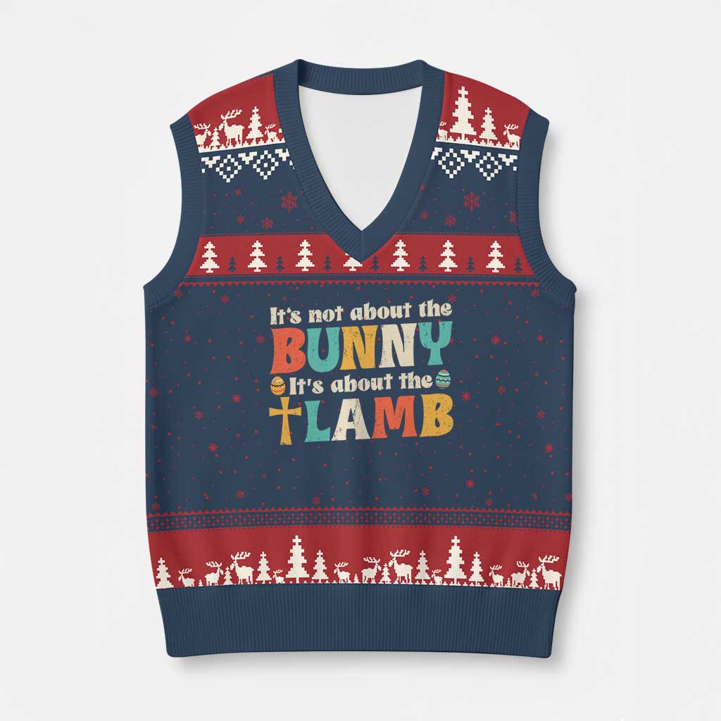 Religious Easter V-Neck Knit Sweater Vest Retro Its Not About The Bunny Its About The Lamb TS10 Navy Red Print Your Wear