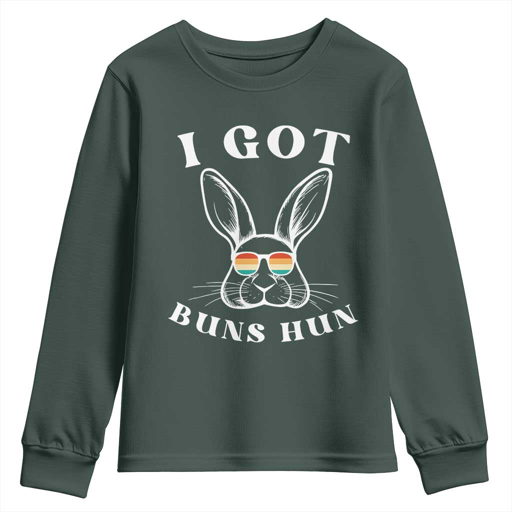 Rabbit Easter Bunny Sunglasses Youth Sweatshirt Retro Vintage I Got Buns Hun Funny Jokes TS10 Dark Forest Green Print Your Wear