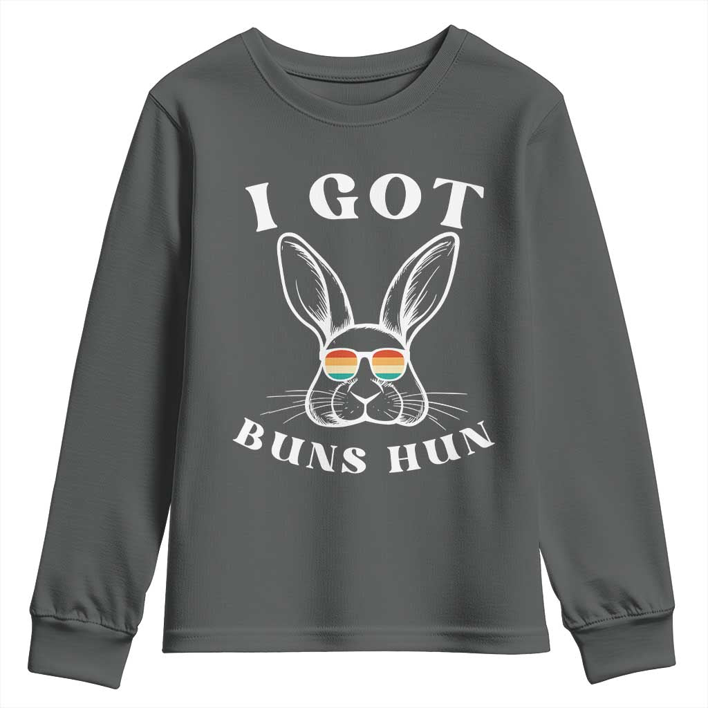 Rabbit Easter Bunny Sunglasses Youth Sweatshirt Retro Vintage I Got Buns Hun Funny Jokes TS10 Dark Heather Print Your Wear